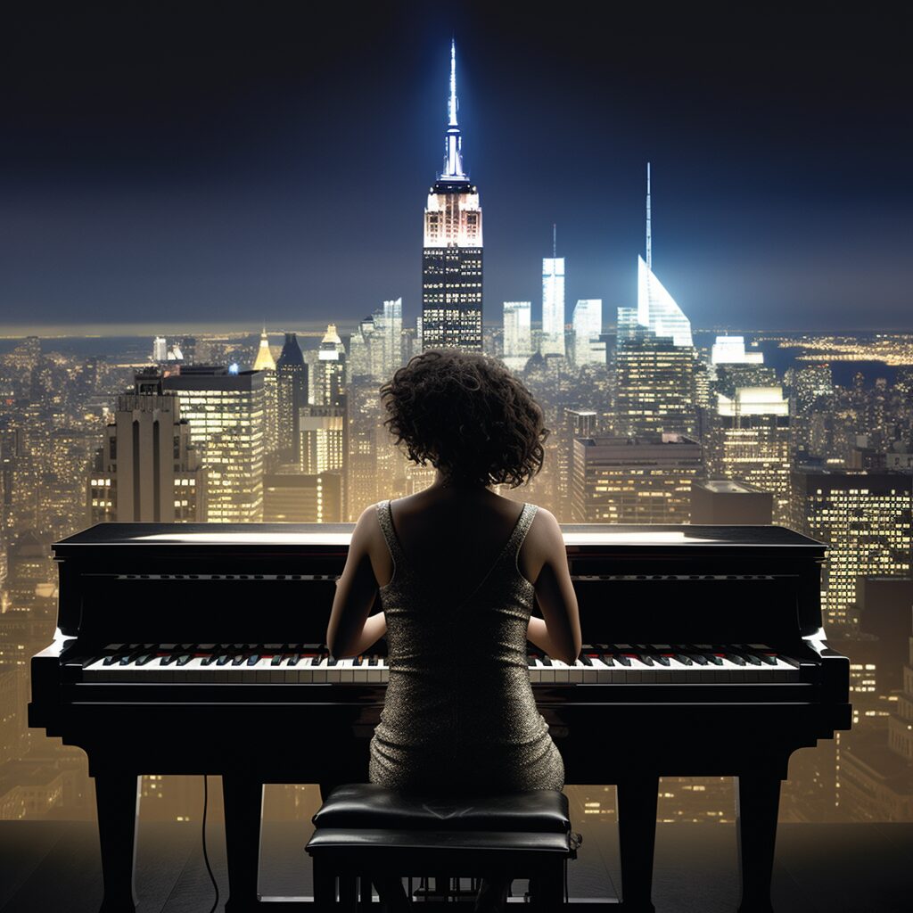 "Imagine an evocative, high-resolution image illustrating the dynamic essence of Alicia Keys