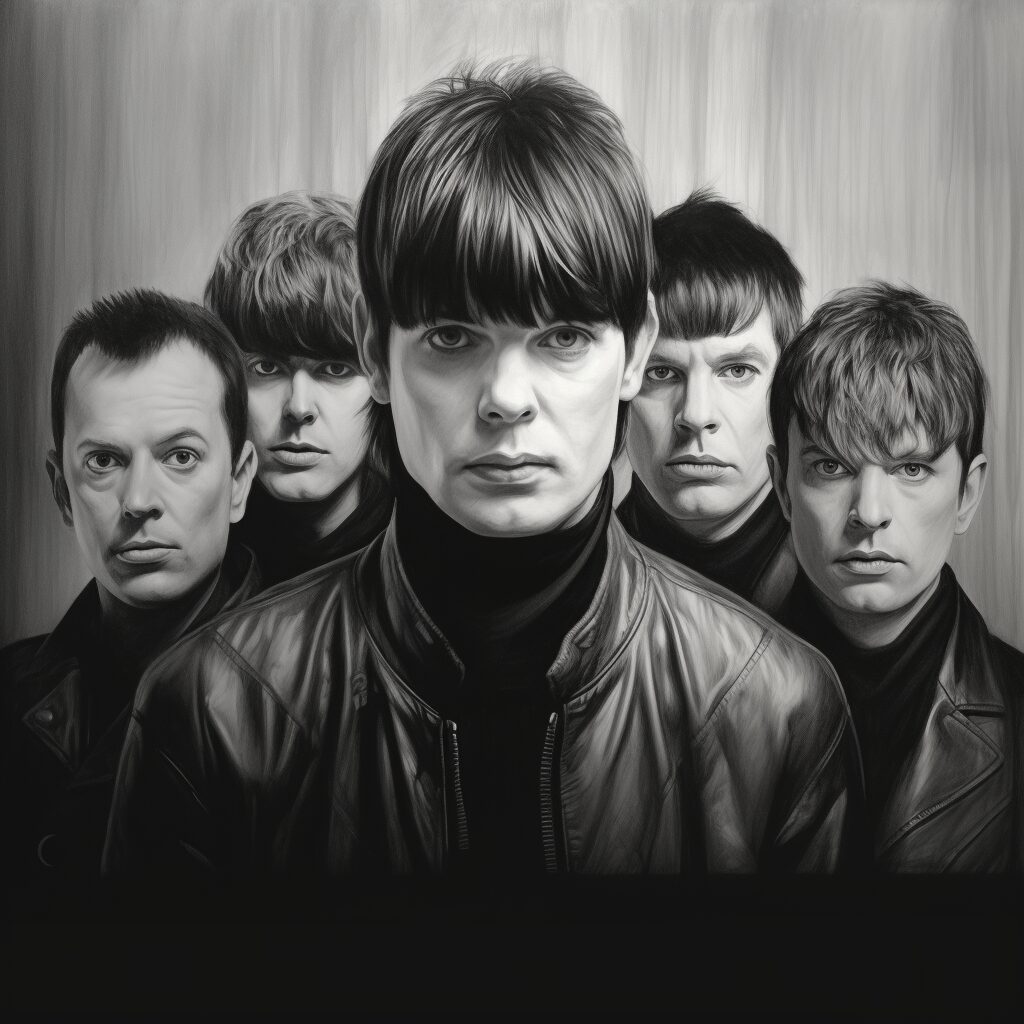 Create a charcoal, stylistic drawing of Alphaville. Focus on capturing the essence of the band members in a black and white portrait, with a half-finished, ethereal quality that reflects their innovative and mysterious musical journey.