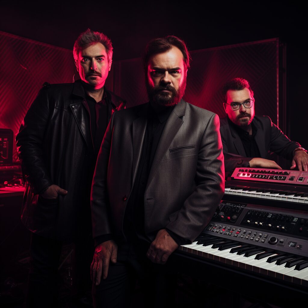 Portrait of Marian Gold, Bernhard Lloyd, and Frank Mertens of Alphaville with a backdrop of synthesizers and the 1980s music scene, capturing their essence as the architects of the synth-pop anthem 
