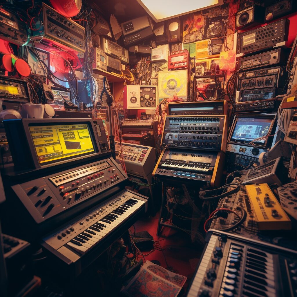 Vintage synthesizers and electronic equipment in a neon-lit 80s recording studio, with Alphaville members deeply engaged in crafting the iconic sounds of 
