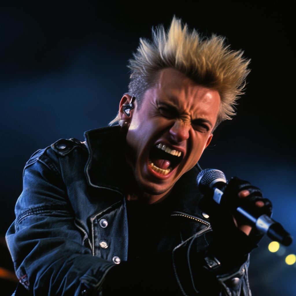 "Imagine a dynamic scene playing out in the smoky haze of a 1980s rock concert. Under the piercing light of the stage, we see Billy Idol, the English rock sensation, performing his iconic hit, 