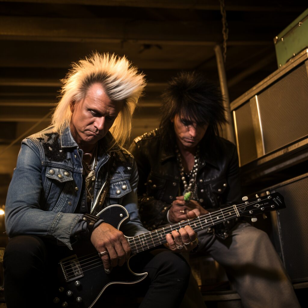 Dynamic duo of rock music, Billy Idol and Steve Stevens, in a creative session, embodying the spirit of the 80s rock rebellion.