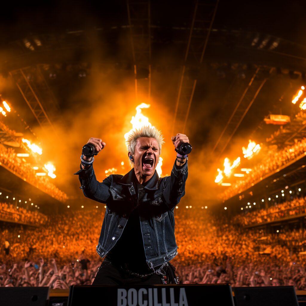 "Imagine a vivid scene of a roaring crowd in a gigantic stadium, their hands raised in unison, their faces lit by the raw energy of a rock concert. On the giant screen, flashes the name 