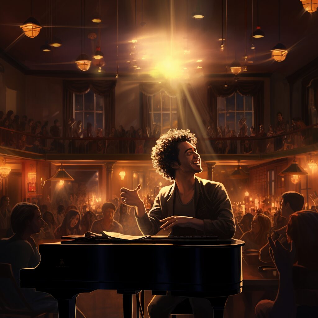 "Generate an image of a dimly lit, cozy bar, filled with patrons of diverse ages and backgrounds. In the center, illuminated by a single spotlight, sits a man at a grand piano, his fingers dancing over the keys as he passionately sings into a microphone. The man