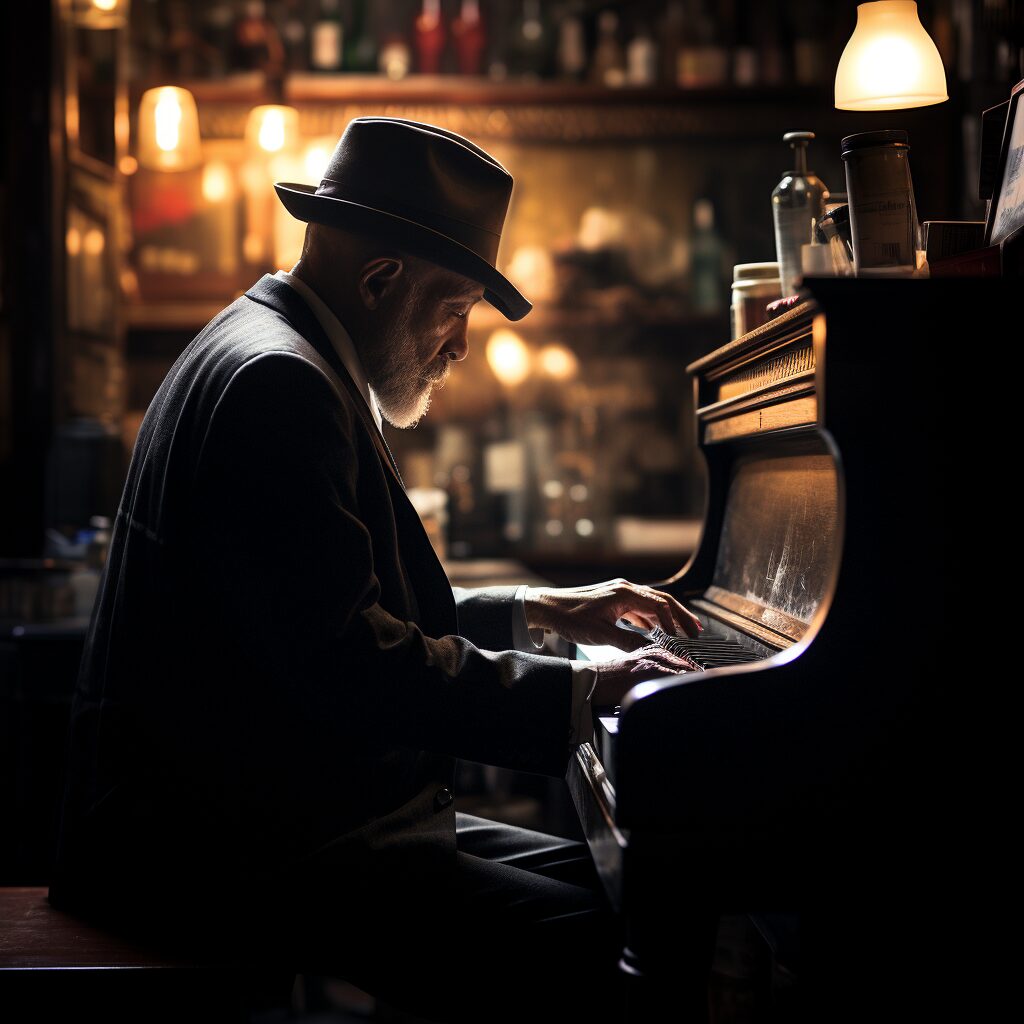 Imagine an antique, softly lit bar, filled with patrons lost in their drinks and thoughts. A melancholic piano player, representing Billy Joel, is at the heart of the scene, fingers hovering over the dimly lit keys of an old, grand piano. His face, a blend of longing and resignation, is partially obscured by the shadow of his hat. 

Around him are the characters etched out in the song: an old man with a glass of tonic and gin, his eyes filled with a profound loneliness; John, the bartender, in the middle of a casual conversation; and Paul, the "real estate novelist", caught in a daydream. Each character is distinct, their facial expressions and body language reflecting their individual stories of longing and discontentment.

The bar is filled with typical details: tarnished mirrors, half-filled glasses, and flickering neon signs, creating an atmosphere that is both nostalgic and somber. The background encompasses the absorbing ambiance of the song, the narrative depth, and the intricate character sketches that make "Piano Man" a standout in Billy Joel