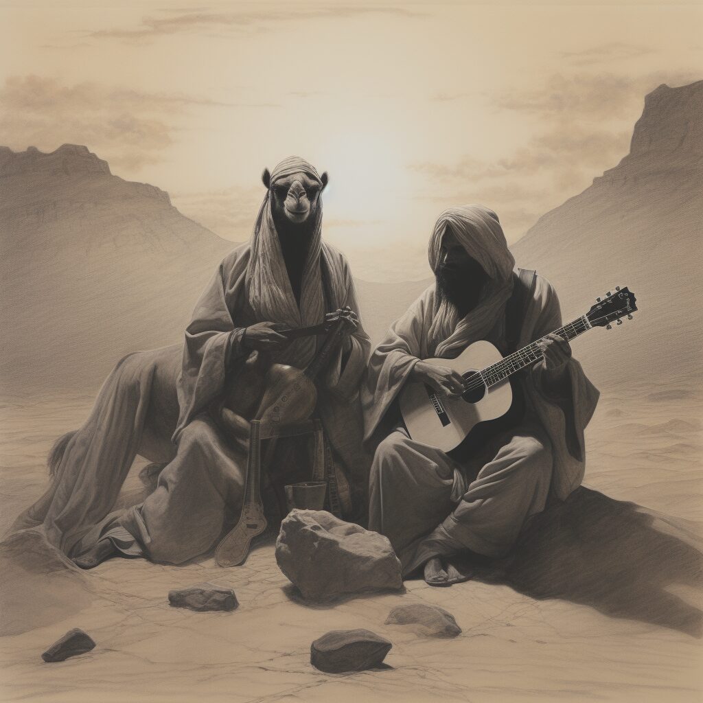 A stylistic, charcoal drawing of Camel, capturing the band in a contemplative moment, surrounded by the ethereal landscape of a desert at dusk, with Latimer
