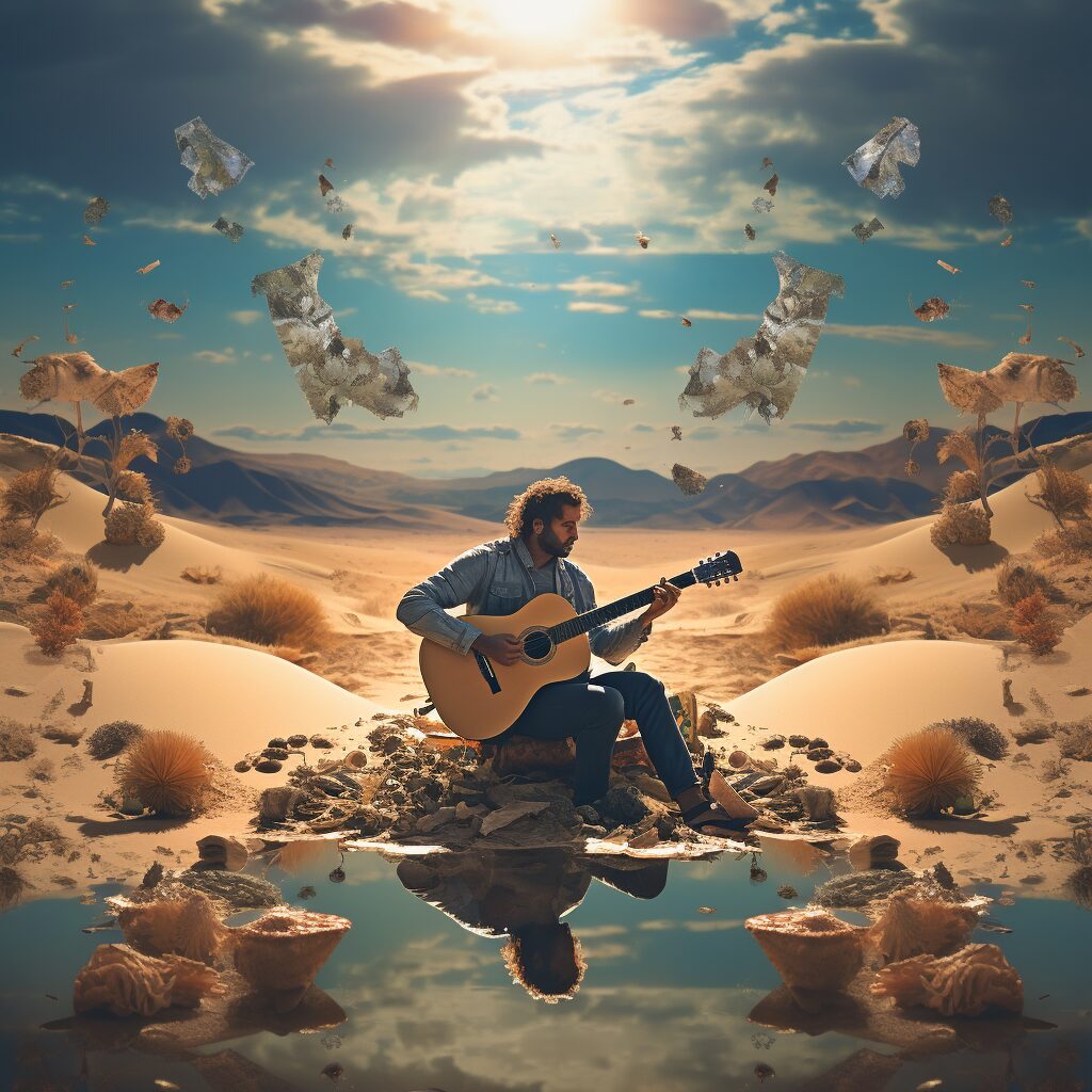 Andrew Latimer playing guitar, with elements reflecting Arabic musical poetry and desert landscapes.