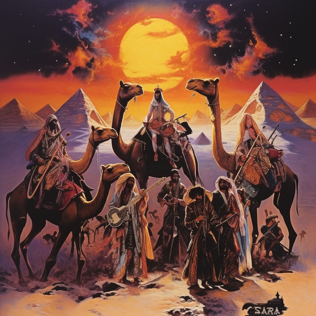 "Rajaz" by Camel - A Musical Odyssey Through the Desert: Imagine a vibrant artwork capturing the essence of "Rajaz": the silhouettes of camels against a backdrop of a starlit desert sky, with musical notes and instruments woven into the sand dunes, embodying the fusion of traditional Arabic poetry and progressive rock.