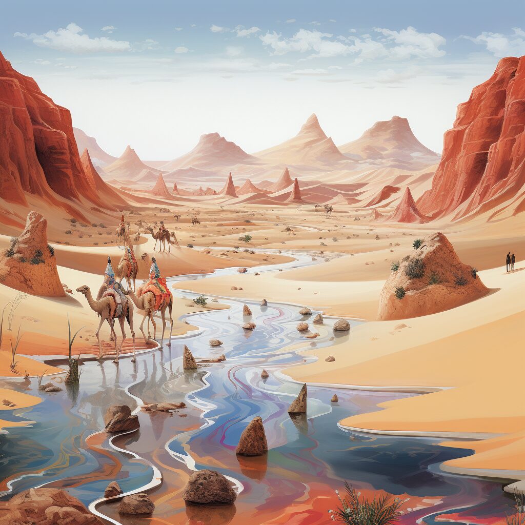 Desert landscape with a mirage of musical notes and Camel
