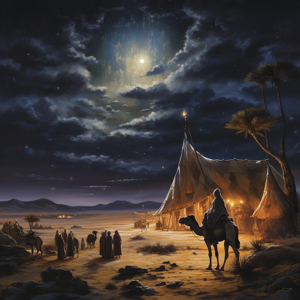 Capture the essence of a desert twilight, with a caravan under a starlit sky, embodying the themes of journey, reflection, and connection in Camel