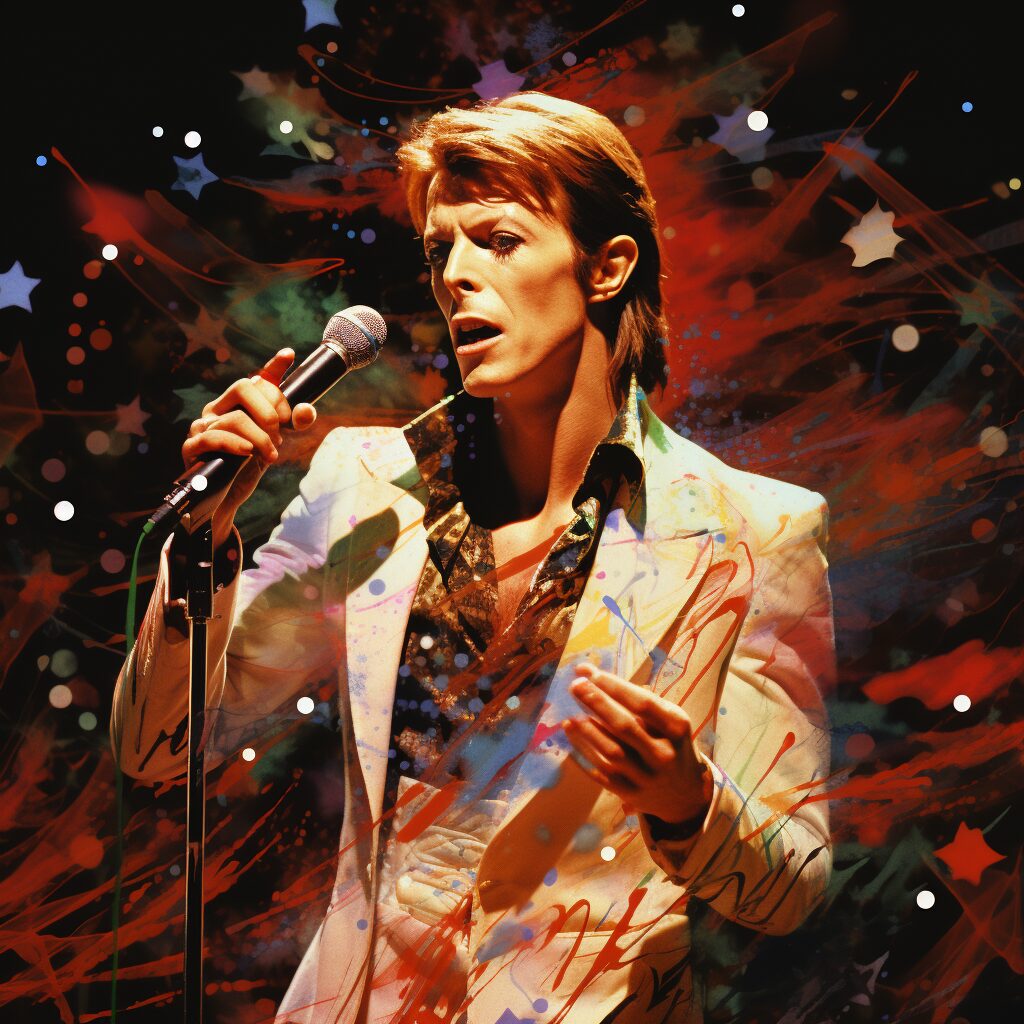 David Bowie, musical notes, iconic symbols, 1970s London music scene, innovative spirit, enduring influence