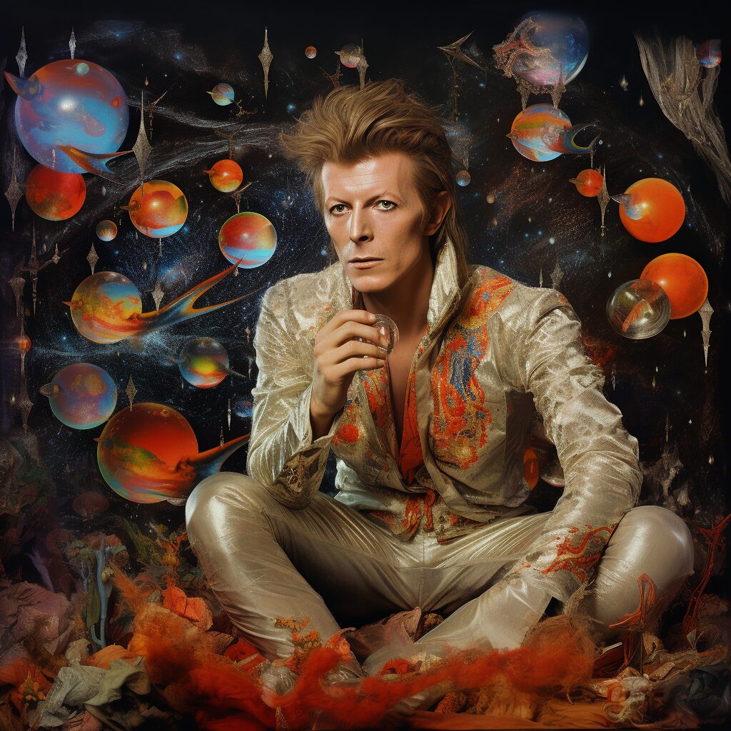 cosmic scene, David Bowie iconic imagery, celestial motifs, ethereal timeless essence, "Life on Mars?", artistic legacy