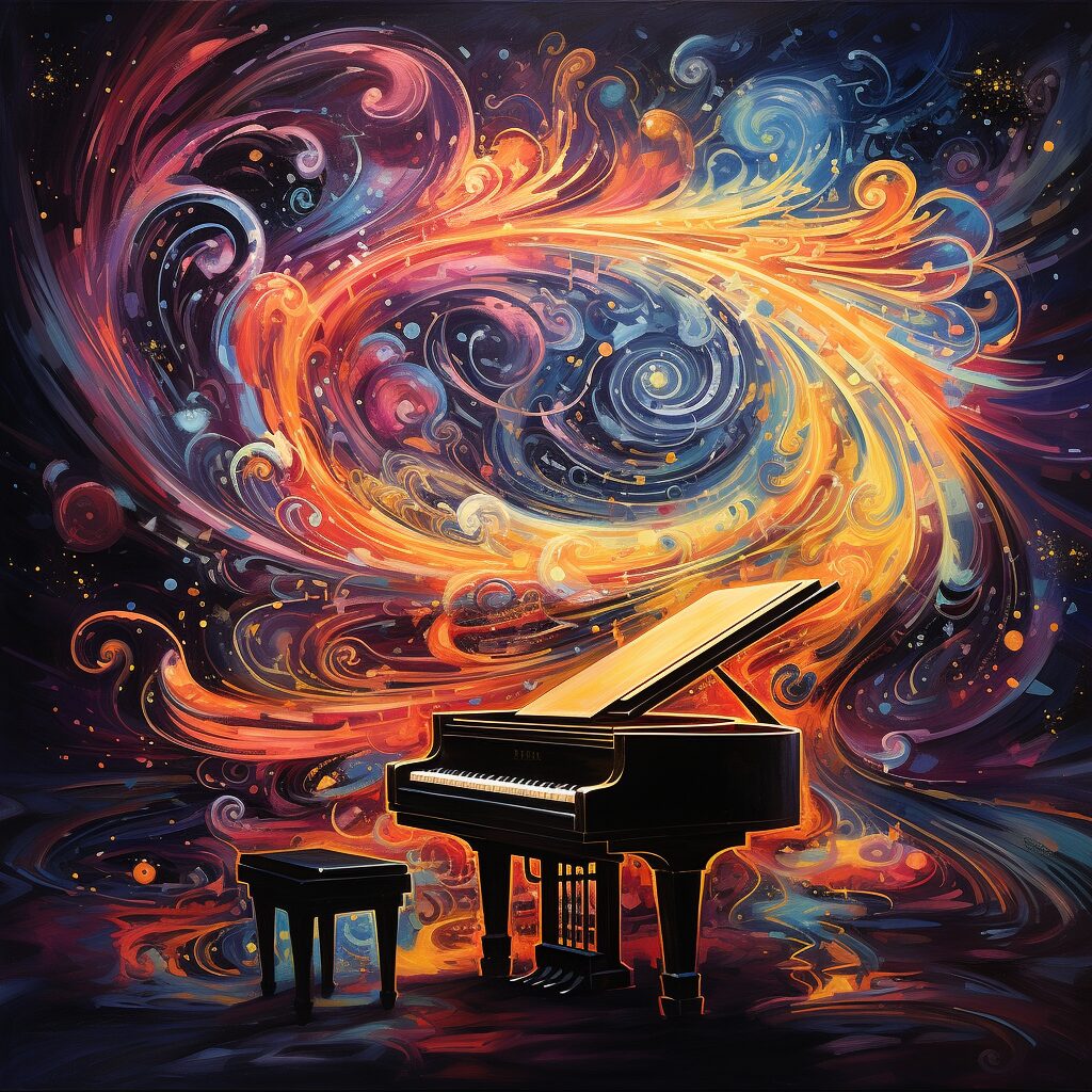 grand piano, sheet music, vibrant swirling galaxy, complex structure, cosmic allure