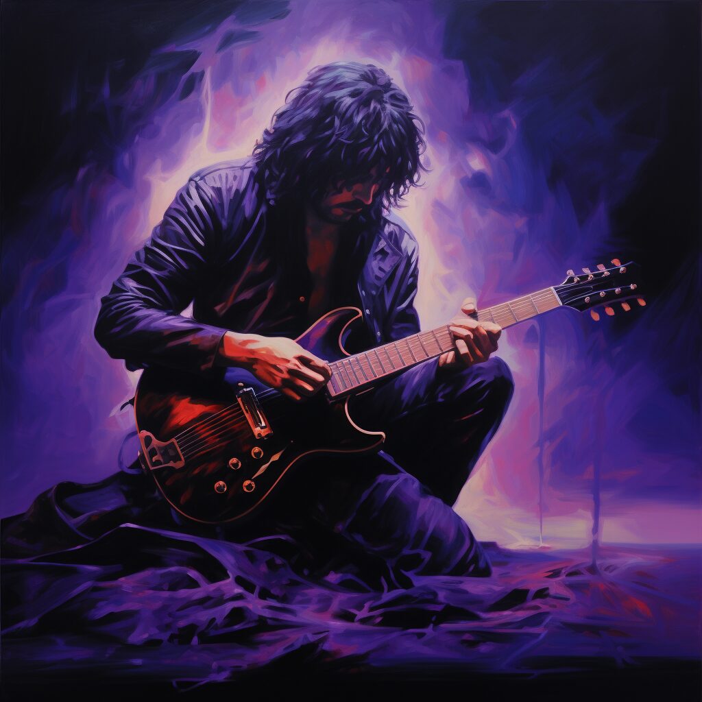 "Generate an image that captures the melancholic emotion and enduring popularity of Deep Purple