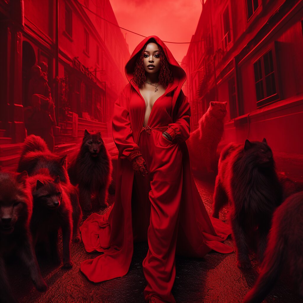 "Visualize an empowering scene of Doja Cat in a striking all-red ensemble standing defiantly in an urban landscape painted entirely in hues of scarlet. She is cheekily smirking, her eyes sparkling with a mix of mischief and challenge. She shares the scene with a stylized version of the Grim Reaper, an unusual companion symbolizing her unapologetic attitude. The cityscape around her is vibrant with graffiti art, neon lights, and bustling crowds, all frozen in the moment of her dominance. The sky above mirrors her fiery spirit, with dark red clouds looming over the city. Embedded in the scene are subtle references to her journey, from a speaker blasting SoundCloud streams to a billboard announcing her top-charting achievement."