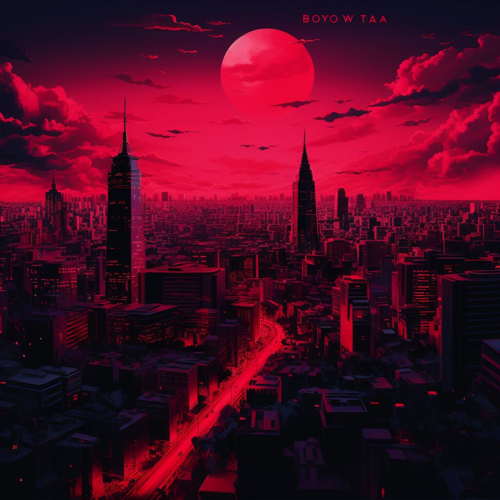 "Envision a vibrant cityscape at twilight, bathed in an intense shade of red to symbolize the song 