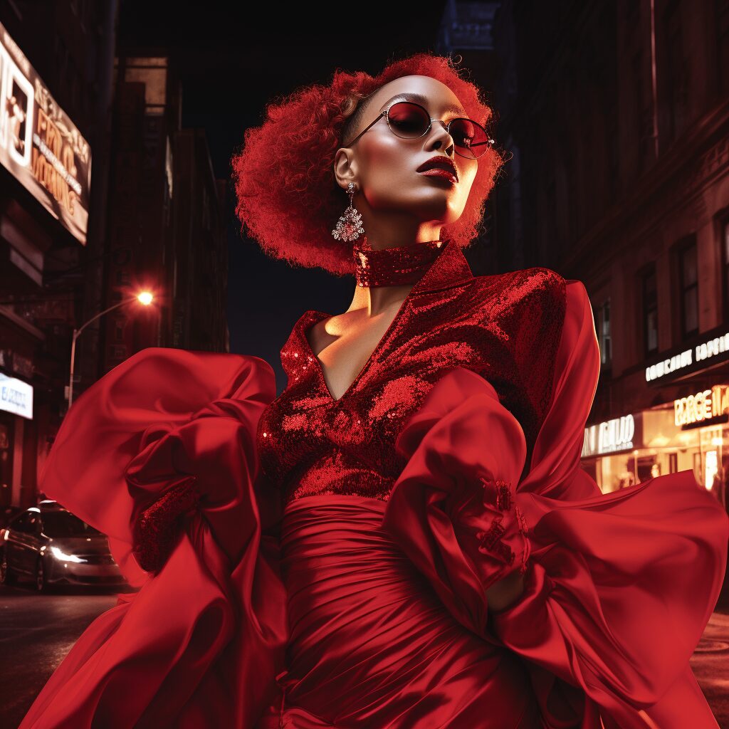 "Visualize a vibrant, rebellious cityscape at night, bathed in a bold, all-encompassing shade of red. Focus on Doja Cat, a fierce, unapologetic figure standing tall amidst the chaos, her form accentuated by a spotlight that also casts dramatic shadows around her. She