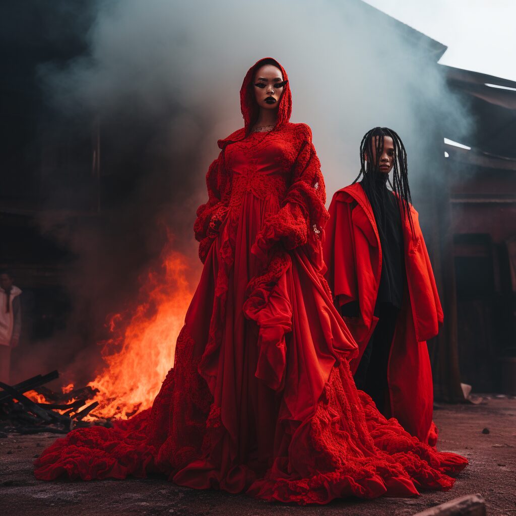 An image of the intriguing artist, Doja Cat, in an audacious all-red ensemble, standing confidently beside the enigmatic figure of the Grim Reaper. The surrounding town is ablaze, reflecting the fiery red of her outfit, symbolizing her unapologetic and fearless persona. This image, both surreal and captivating, also subtly incorporates Doja Cat