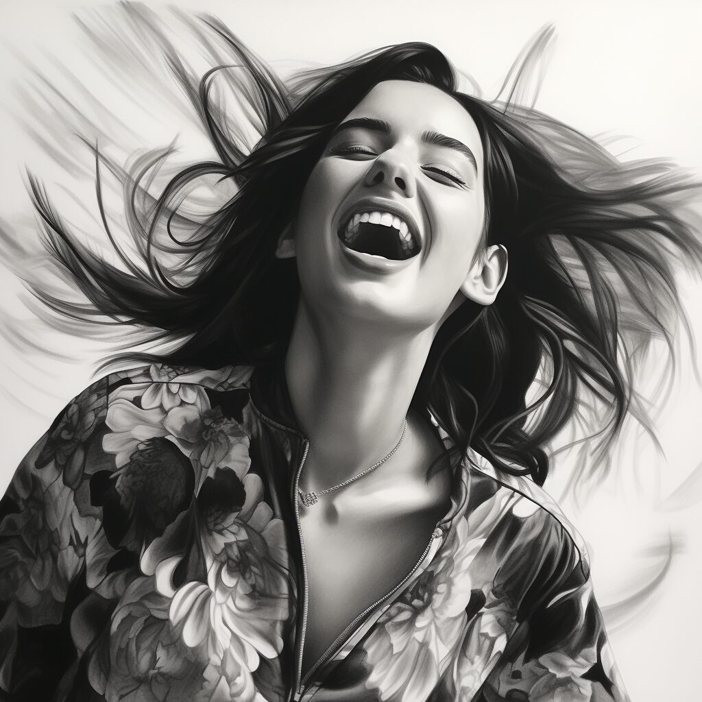 Capture the essence of Dua Lipa in a black and white charcoal portrait, with a focus on her confidence and the dynamic energy she brings to her music. The artwork should have a half-finished, stylistic feel, highlighting her striking features and the infectious joy of her hit song 