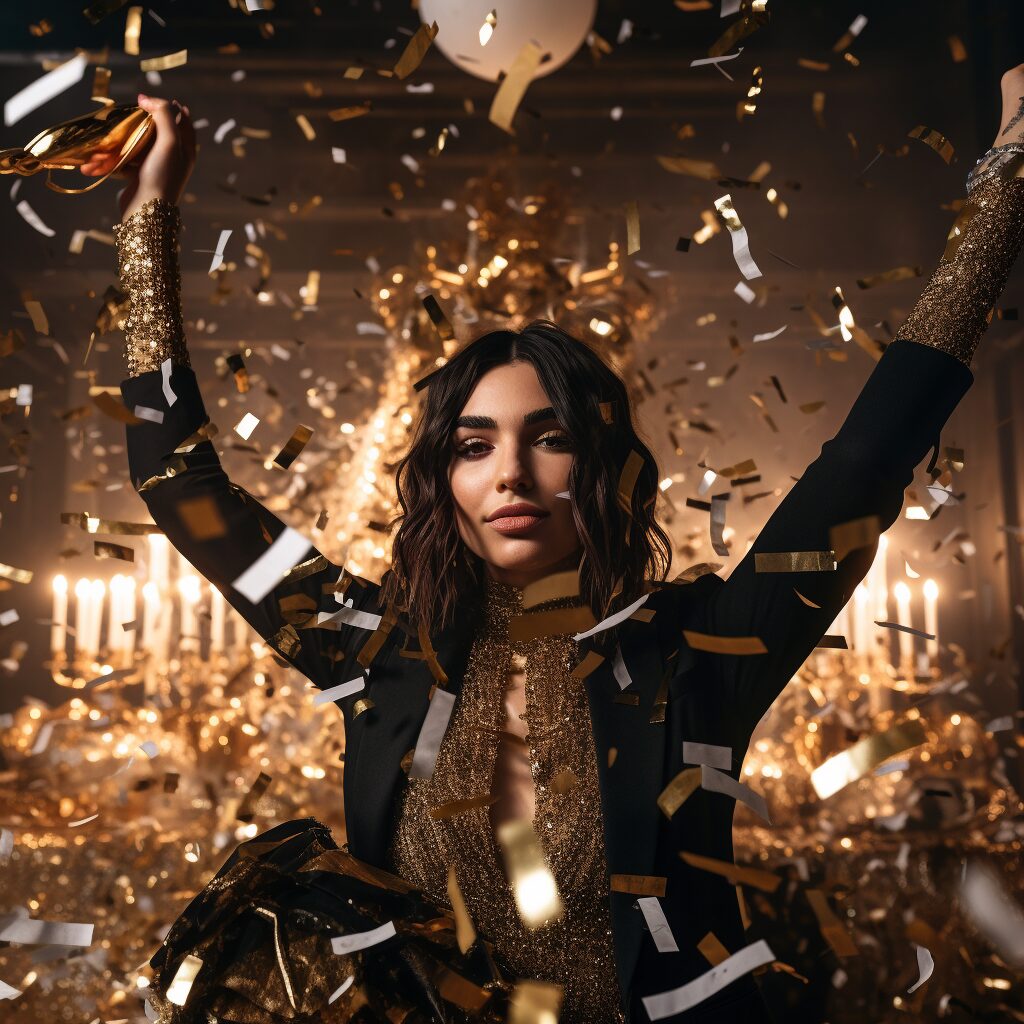 A glittering award ceremony with Dua Lipa holding a microphone, surrounded by golden trophies and sparkling confetti, embodying the celebratory spirit of "Levitating