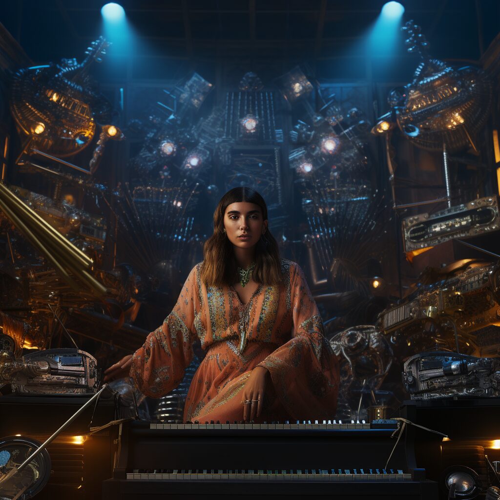 Dua Lipa in a vibrant, disco-inspired setting, surrounded by synthesizers and musical instruments, capturing the essence of 