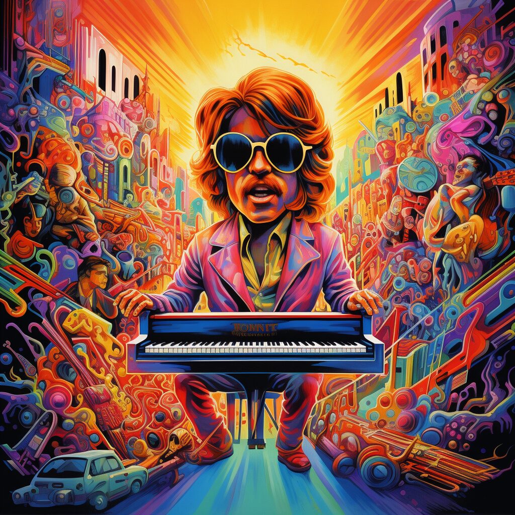 "Imagine a vibrant, nostalgic scene set in the heart of the bustling 1970s Los Angeles music scene. At the center, a charismatic figure, Elton John, is passionately playing a grand piano, his voice merging harmoniously with the music. Around him, a diverse crowd of music enthusiasts, free-spirited women and 