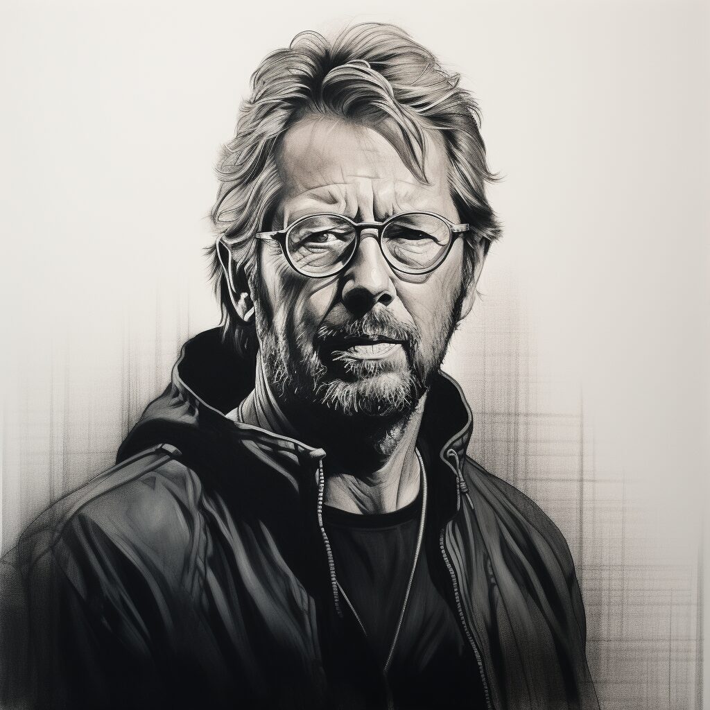 black and white charcoal portrait of Eric Clapton, half-finished style, focusing on the emotional depth and musical legacy 