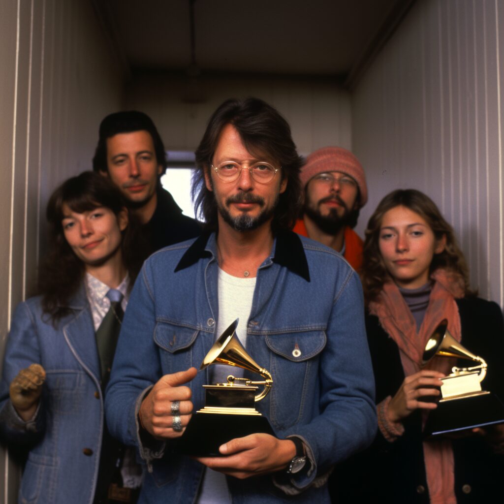 Eric Clapton holding a Grammy Award, surrounded by other artists covering 