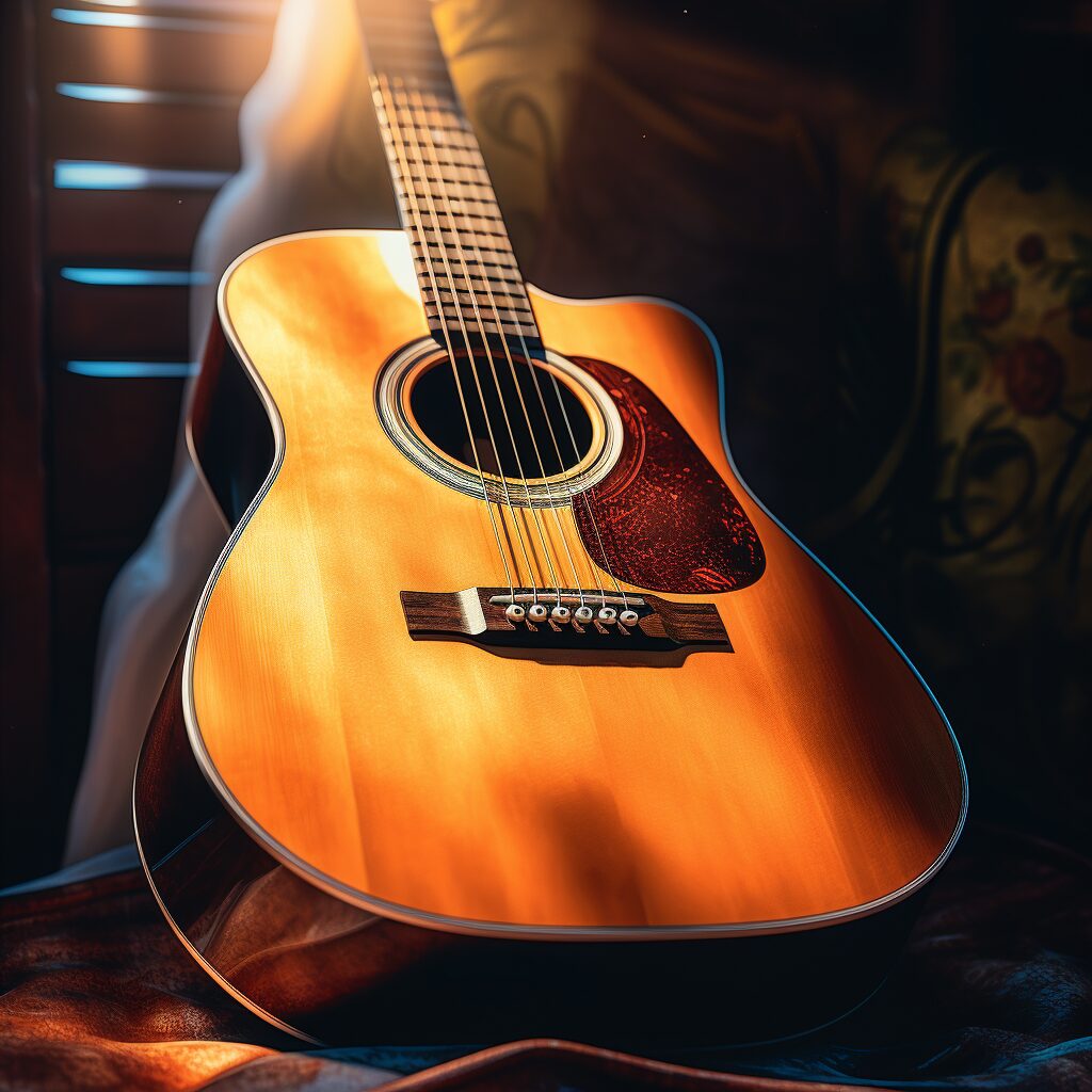 a close-up of an acoustic guitar in a serene setting, embodying the emotive and reflective essence of Eric Clapton