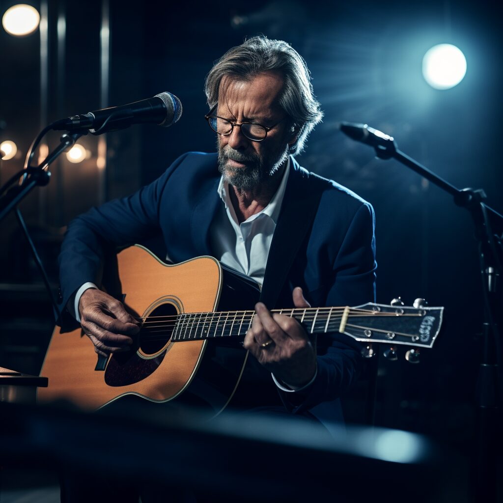 An intimate live acoustic guitar performance by Eric Clapton, with a focus on the emotional connection between the artist and the audience, set against the backdrop of the 