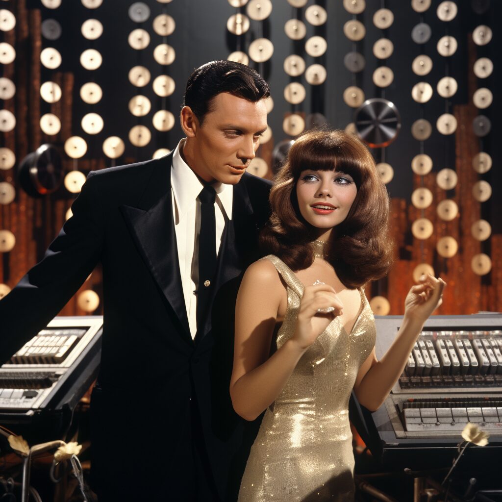Frank and Nancy Sinatra performing together, with chart statistics and gold records in the background