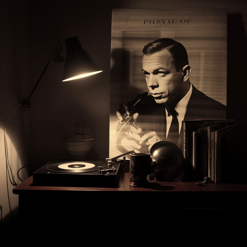 "Generate an image of a classic record player spinning a vinyl album in a dimly lit, vintage-styled room. The album cover, lying nearby, displays a black and white portrait of Frank Sinatra and his daughter Nancy, their expressions reflecting a mix of love and vulnerability. Softly illuminating the room is a floor lamp, casting long shadows that create a sense of intimacy and warmth. On a wooden side table, a glass of whiskey sits half-empty, next to an open book with worn pages and underlined phrases. The room is filled with elements that reflect the era of Sinatra, like vintage photographs, a classic microphone, and a well-worn armchair. The overall atmosphere should be reflective, nostalgic, and full of emotional depth, resonating with the themes of 