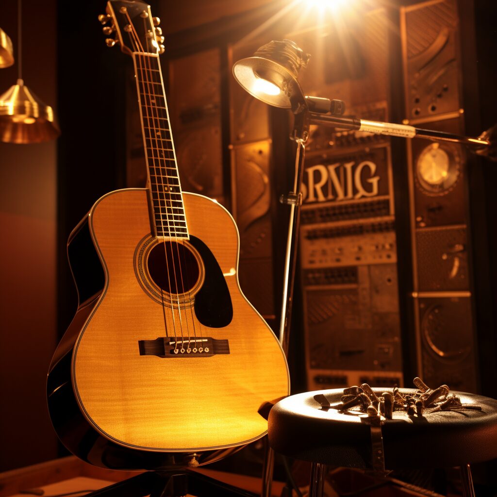 Imagine an intimate, mid-century recording studio bathed in warm, soft lighting. In the center, a vintage, nylon-stringed acoustic guitar rests on an ornate wooden stand, its glossy surface reflecting the golden glow around it. A musical sheet with the title "Something Stupid" and chords written in elegant handwriting is nearby, hinting at the song