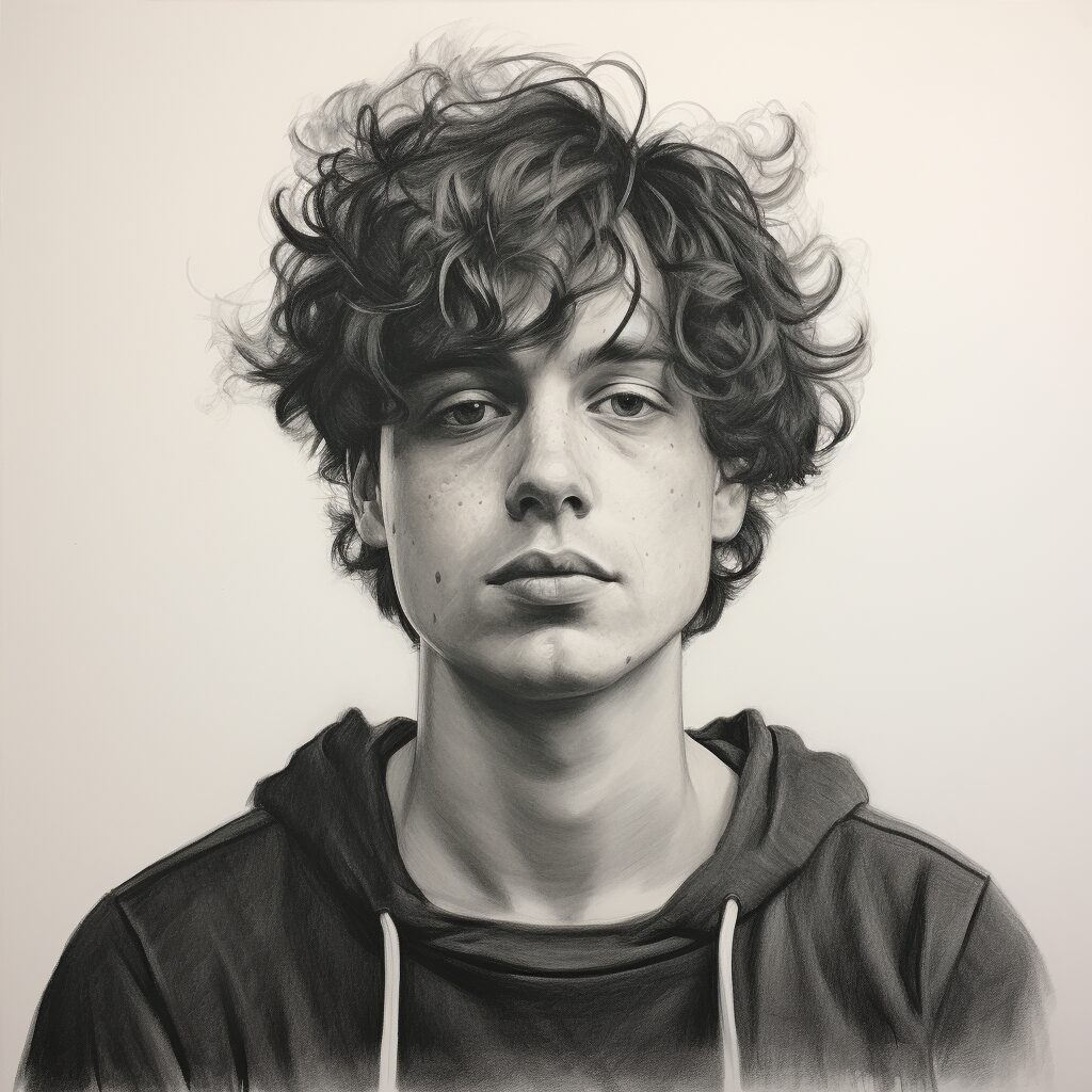 incomplete, stylistic charcoal portrait drawing of Jack Harlow with a lot of sketch lines, studio lighting.
