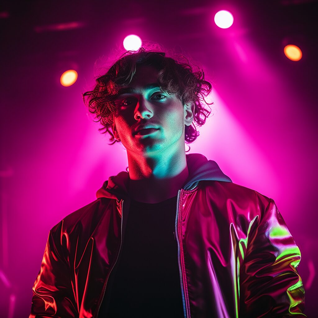 "Envision a vibrant stage bathed in neon lights in Louisville, Kentucky. In the spotlight, stands the talented Jack Harlow, engrossed in his performance. His charismatic expressions sync with the infectious beats of his hit track 