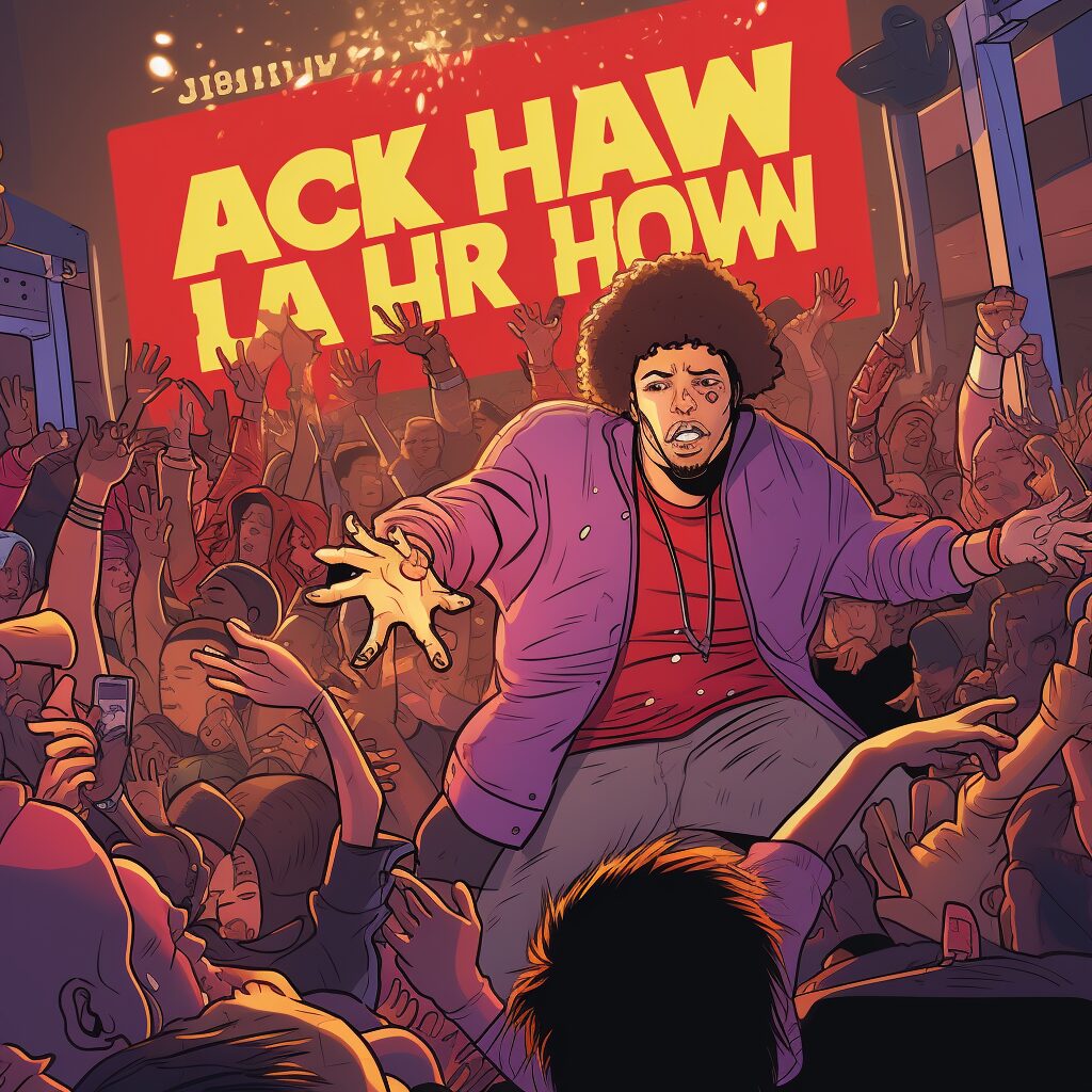 "Imagine a vibrant, energetic scene at a hip-hop dance club, the dance floor pulsing with the infectious beats of Jack Harlow