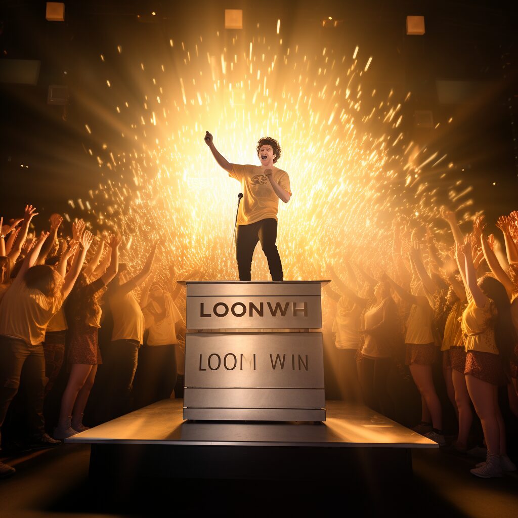 An image of a victorious Jack Harlow standing on a symbolic podium, encased by the glow of glistering gold, signifying his number one spot on the Billboard Hot 100. The podium is engraved with the title "Lovin On Me". Around him, a crowd of ecstatic fans, their faces illuminated by the light from their smartphones, representing the digital audience that contributed to the song