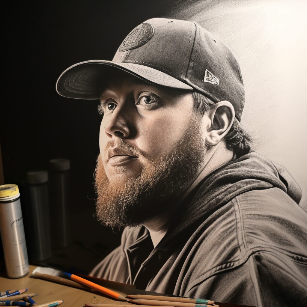 incomplete, stylistic charcoal portrait drawing of Luke Combs with a lot of sketch lines, studio lighting.