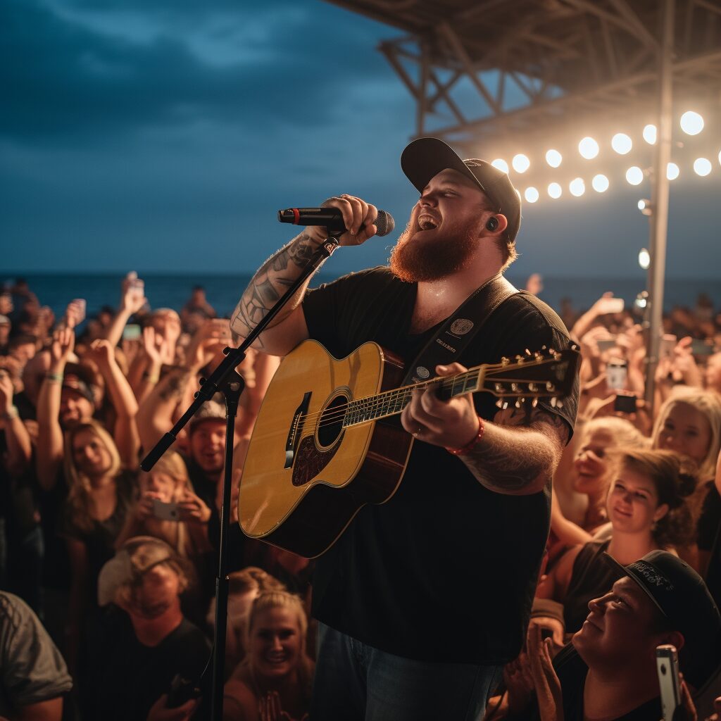 An emotionally charged country concert under an enchanting night sky, Luke Combs passionately performing on stage, his soulful voice pouring out the heartfelt lyrics of the song "Fast Car". The ecstatic crowd, a sea of lighted cellphones, swaying to the captivating melody, their faces illuminated by the soft glow. Behind him, a huge LED screen displaying scenes of a fast car speeding down a country road, capturing the enduring appeal and nostalgia of the original Tracy Chapman