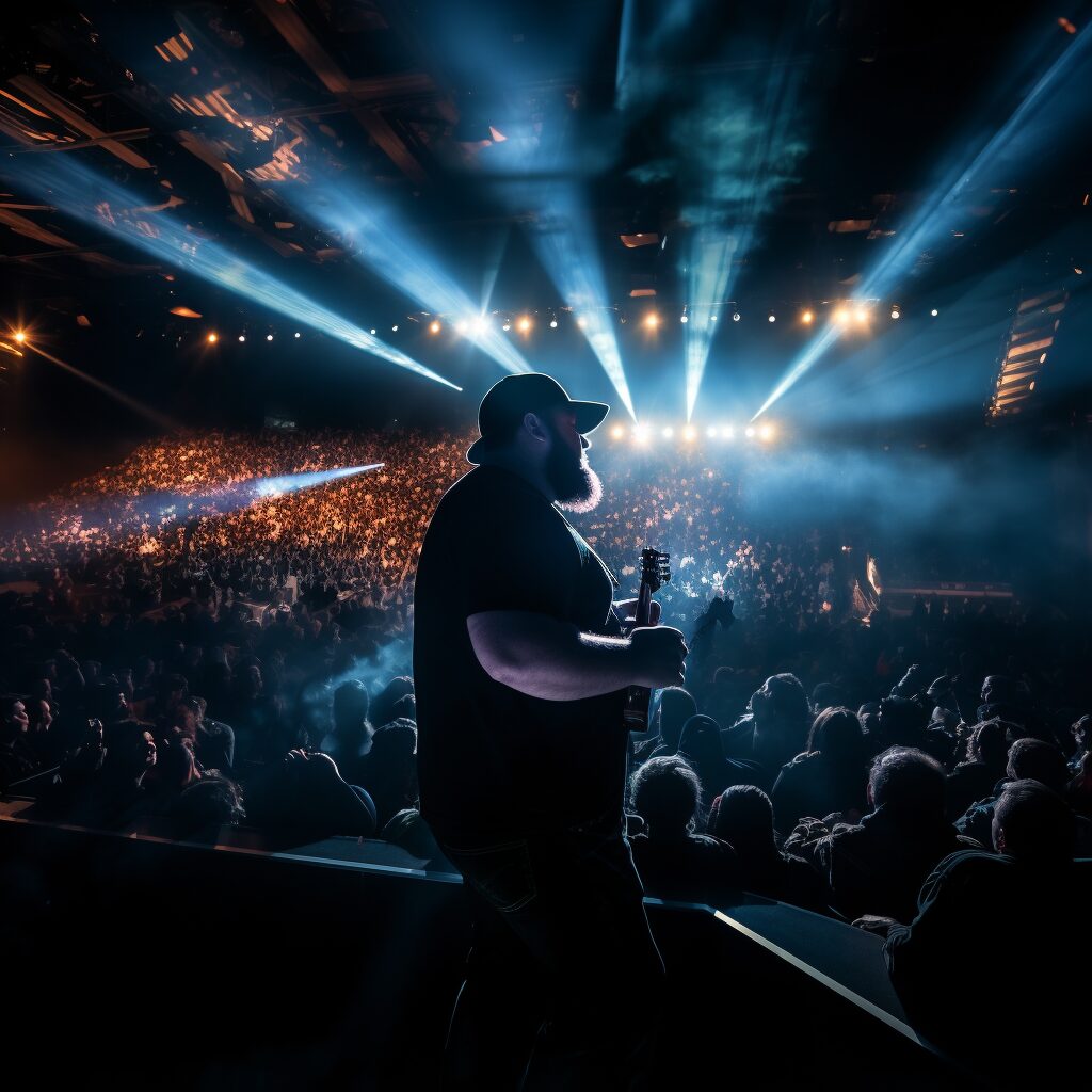 "A dimly lit stage, bathed in an ethereal glow. In the center, country artist Luke Combs, passionately performing his cover of the song 