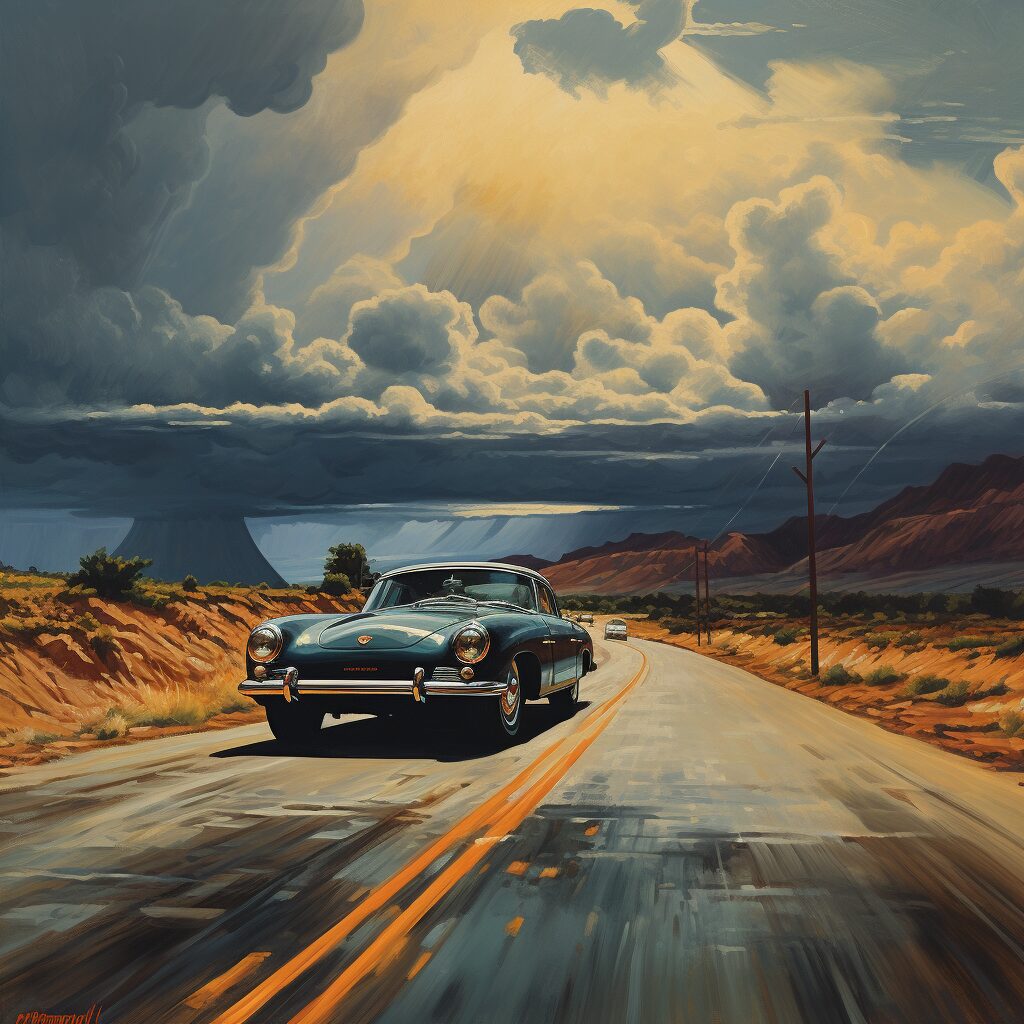 An evocative portrayal of hope and yearning for escape, symbolized by the imagery of a fast car driving towards a better future.
