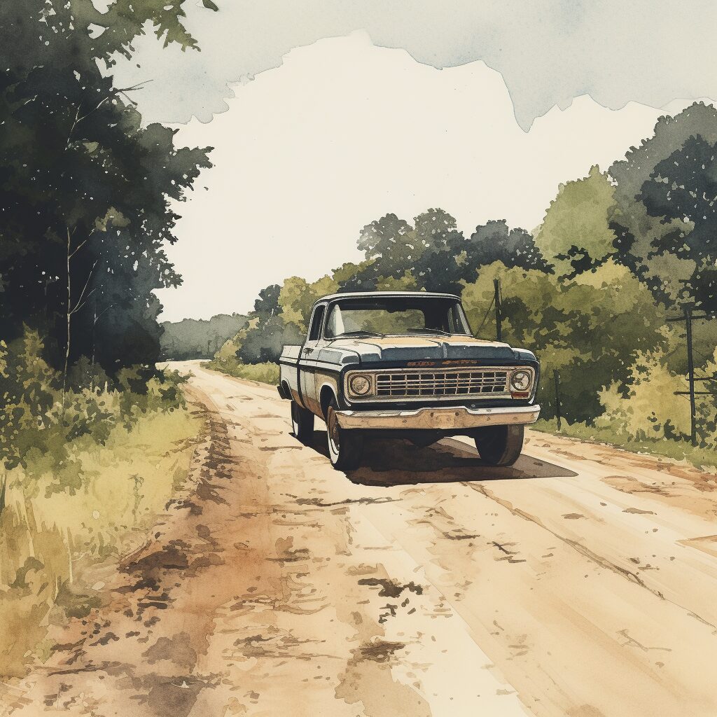 "A melancholic nostalgia-infused scenery featuring an old, worn-out truck, cruising down an endless country highway. The truck is the focal point, representing Luke Combs
