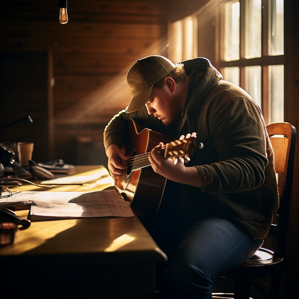 An image of country artist Luke Combs, seated on a rustic wooden stool in a quaint recording studio, illuminated by a soft, golden light. He is deeply engrossed in playing an acoustic guitar; his eyes shut tight in concentration, the chords flowing from his fingers echoing the melody of "Fast Car". On a nearby table, a notepad filled with scribbled lyrics and a pencil lay next to a worn out photo that speaks of nostalgia. A pedal steel guitar and a subtle piano sit in the background, hinting at the rich sonic texture of the song. In the corner, a framed album cover for "Growin