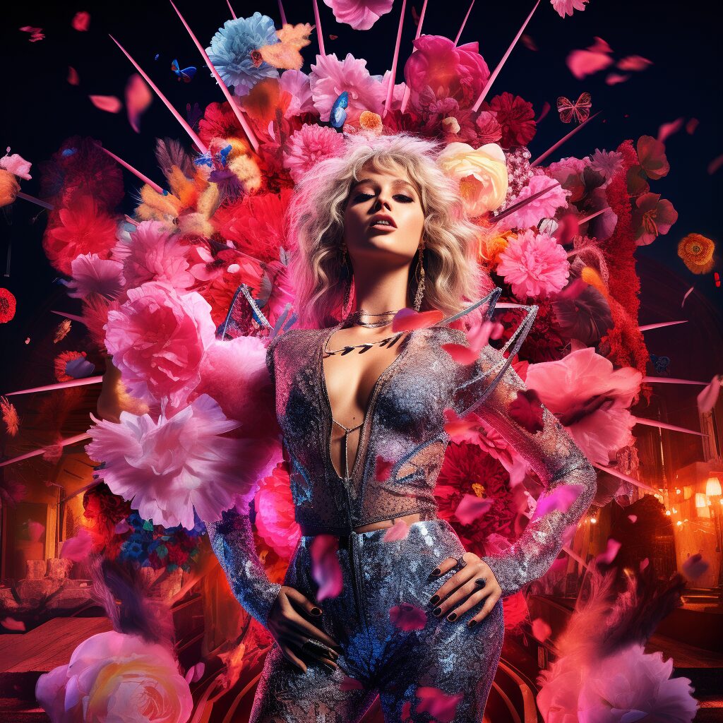 "Visualize an electric, vibrant stage surrounded by ecstatic fans, illuminated by a dazzling array of lights in pop, disco, rock, and funk motifs. In the center, Miley Cyrus, exuding power and confidence, is belting the empowering lyrics of 
