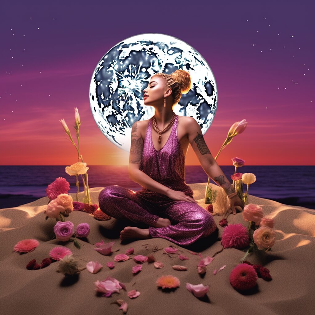 "Imagine an evocative depiction of a defiant Miley Cyrus seated on the sand, her name etched nearby. Next to her is a bouquet of vibrant flowers that she has purchased for herself; a symbol of self-love and independence. In the backdrop, an open dance floor under the twilight sky, ready for her solo dance. The setting captures the essence of liberation and self-assurance. It