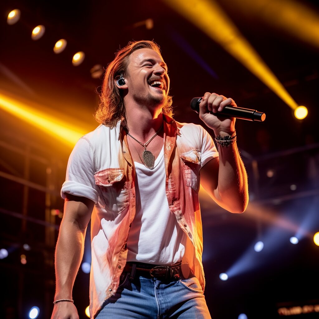"Imagine a captivating scene on a grand stage in the heart of Nashville, Tennessee. The spotlight is shining brightly on a charismatic and talented country singer, Morgan Wallen, who is passionately performing his hit song 