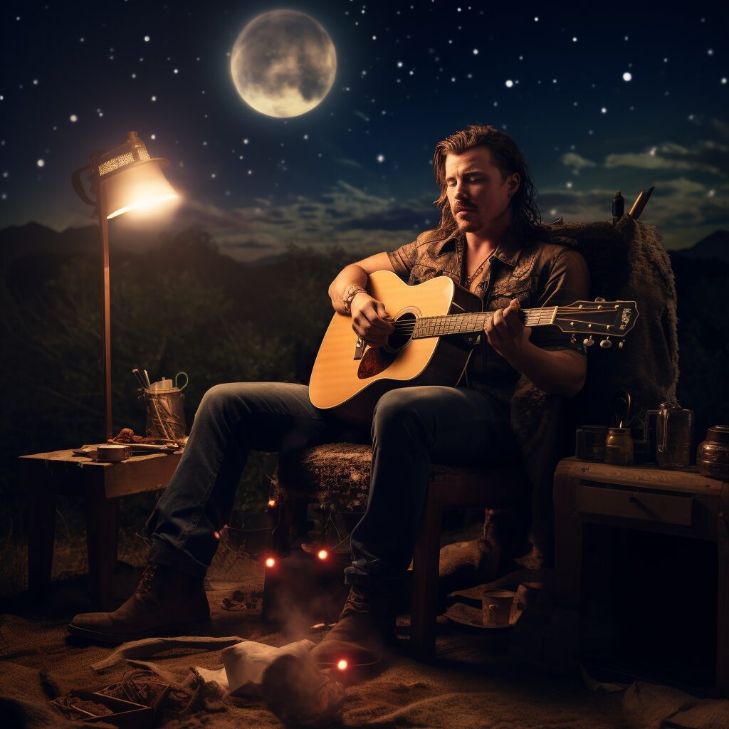 "Imagine an atmospheric, country-filled night under a starlit sky. In the foreground, a silhouette of Morgan Wallen, guitar in hand, passionately performing his award-winning song 