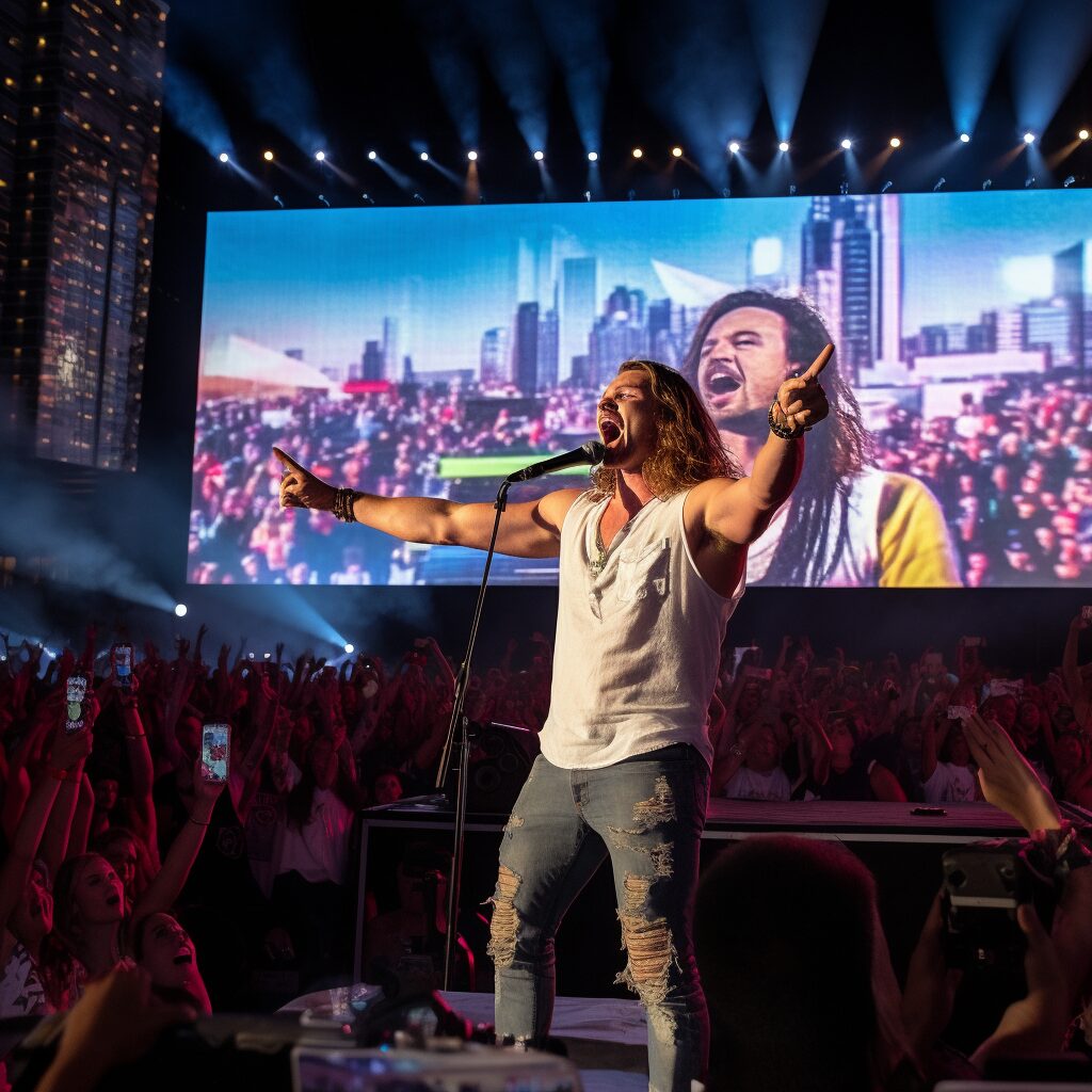 An image of Morgan Wallen, spotlighted on stage at a vibrant music festival, passionately performing his hit song "Last Night". The crowd is in a state of ecstasy, their hands in the air, their faces caught in the emotional grip of the song. In the background, a colossal screen displays the music video - Wallen is seen against a classic southern backdrop. It