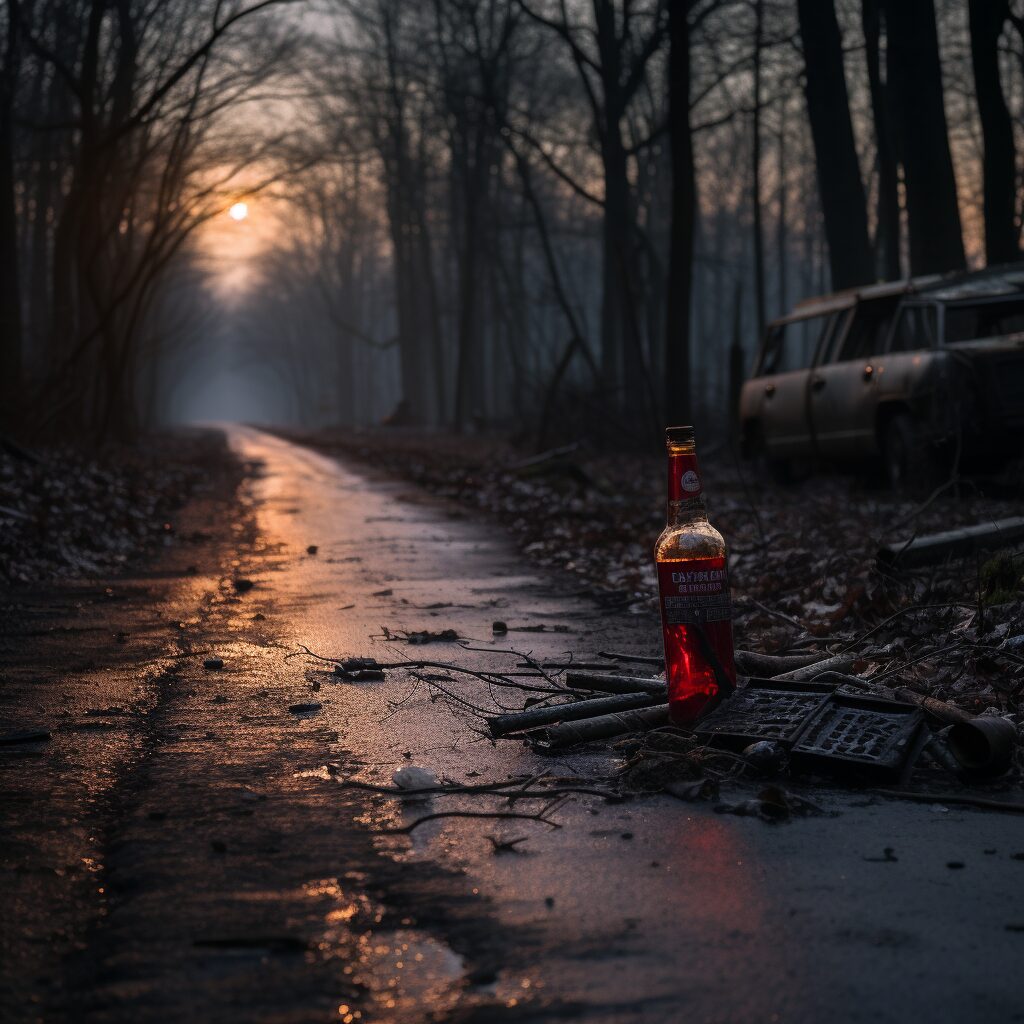 A dimly lit image of a worn out country road, shrouded in the twilight haze. In the foreground, a bottle of Jack half-empty, its label worn. A set of tail lights, blurred and receding into the dust in the distance, leaves a faint red glow. The atmosphere is heavy with a tangible sense of longing and regret, but there