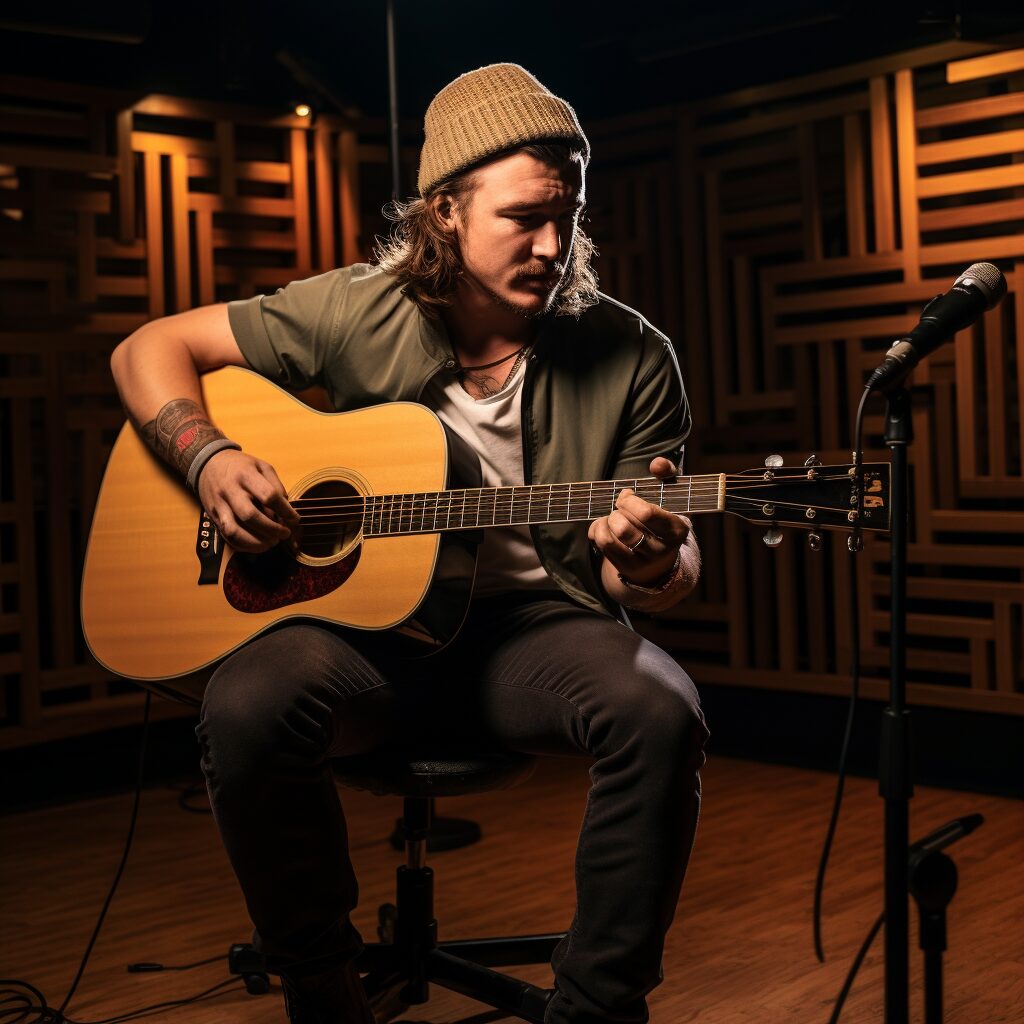 "Imagine an intimate setting at Skyway Studios. Morgan Wallen is at the center, his raw vocals echoing through the room. He is seated on a simple wooden stool, a warmly lit spotlight highlighting him against the dimly lit environment. In his hands, he holds an acoustic guitar, its rich texture matching the warm tone of his voice. His fingers strum the strings, setting the steady rhythm of the song 